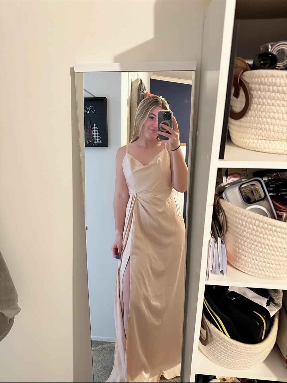 Azazie Champagne Satin Slip Dress with Twist Detail